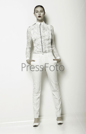 Trend. New Summer Apparel Collection. Woman wearing White Clothing. Series of Photos