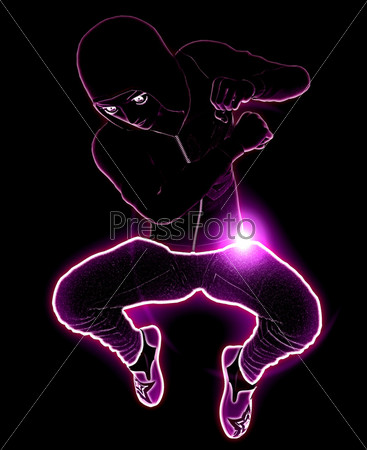 Abstract glowing man jump over black background.