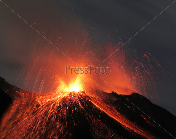 Volcano Stromboli erupting  every 20 min each day with more or less strong eruptions, emitting ash lava, dust and  sand