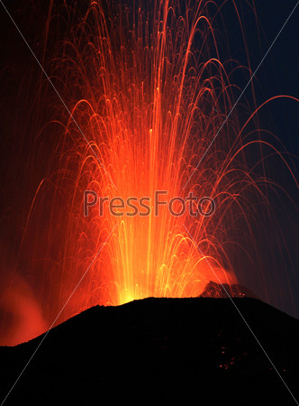 Volcanic Eruption. Active volcano Stromboli in Italy erupting  day and night every 20 minutes emitting dust, sand, ash and lava and lots of  toxic gasses