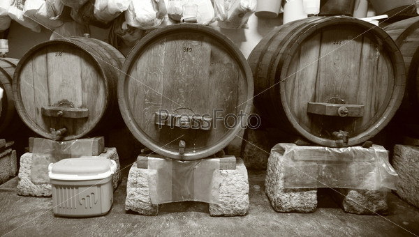 Wine barrels in cellar of local wine maker in the island of Brac, Croatia