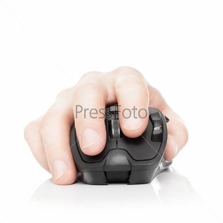 Hand holding computer mouse isolated on a white background