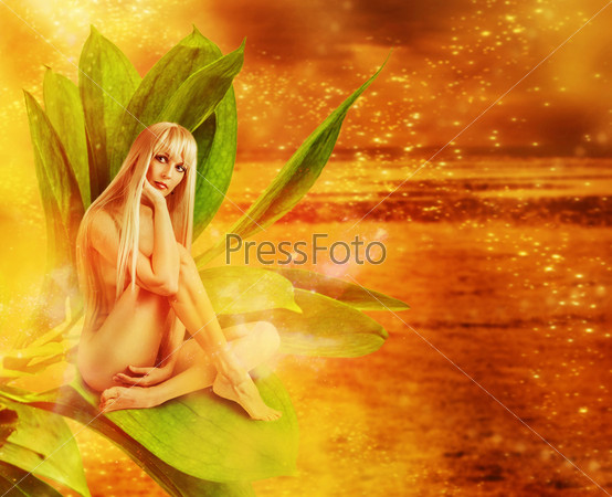 Beautiful sexy woman pixie on green leaves in magic fantasy world on golden background
