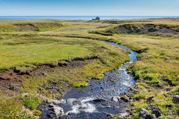 Summer Iceland Landscape with Small River Stream. Horizontal shot