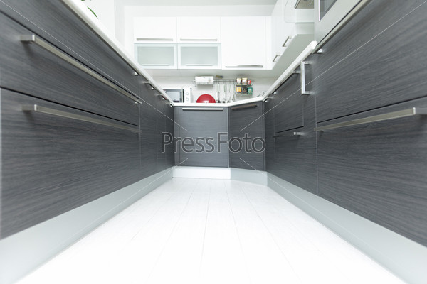 Open-plan kitchen interior perspective in modern home