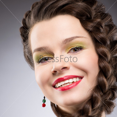 Pleasure. Lifestyle. Happy Plaited Brown Hair Woman. Toothy Smile, stock photo