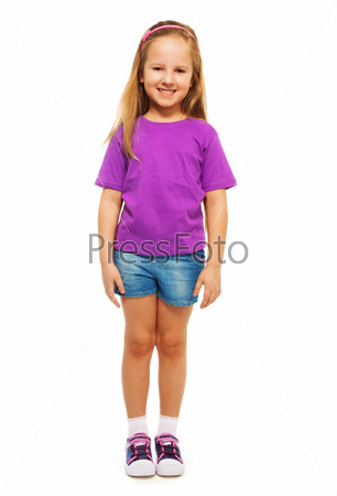 Happy smiling 6 years old girl full height portrait isolated\
on white