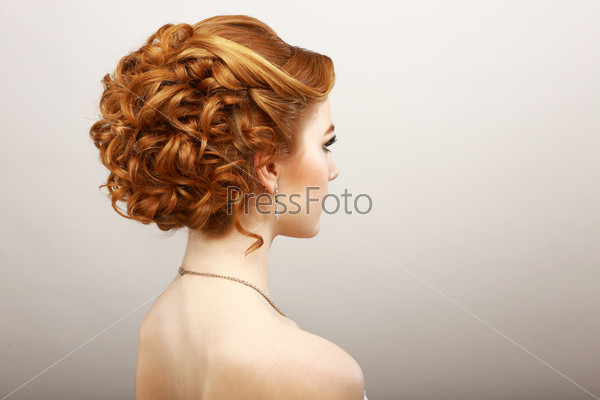 Styling. Rear View Of Frizzy Red Hair Woman. Haircare Spa Salon Concept