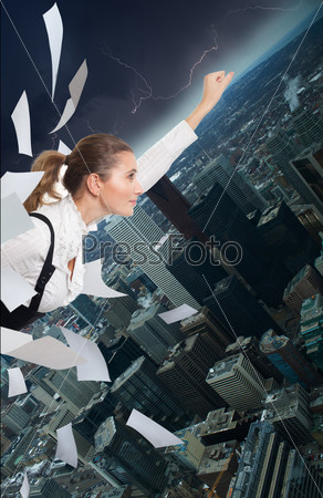 Office superman woman flying in downtown and fighting with paper work