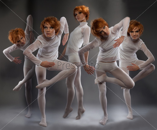 Futuristic clones of a woman in motion and unusual poses