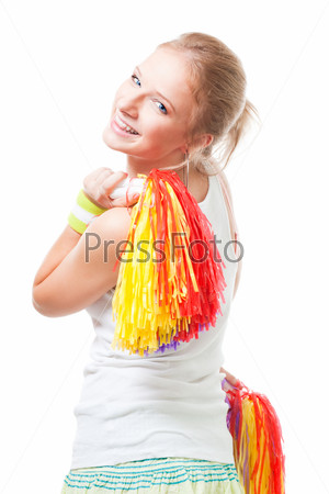Positive smile woman cheer leader stand with Pompoms