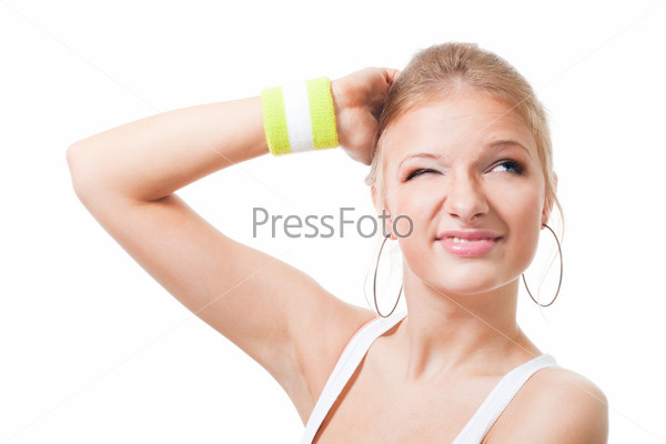 Woman estimate her potential scratching head with hand,\
isolated on white