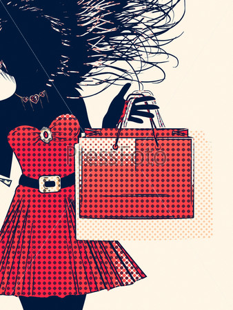 Silhouette of a shopping girl with bags in retro halftone style.