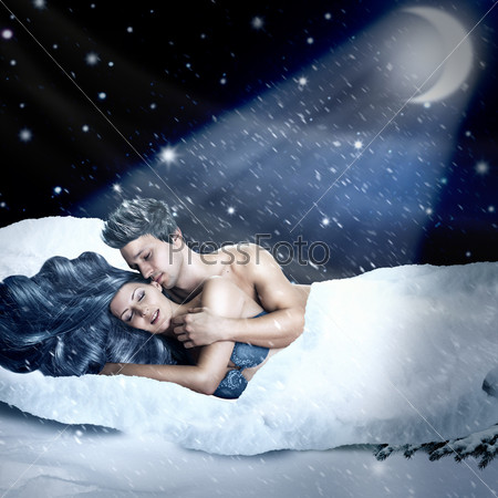 Fantasy romantic collage. Loving fairy couple  lying in bed of white snow outdoor in winter night. Tender Lovers have sex