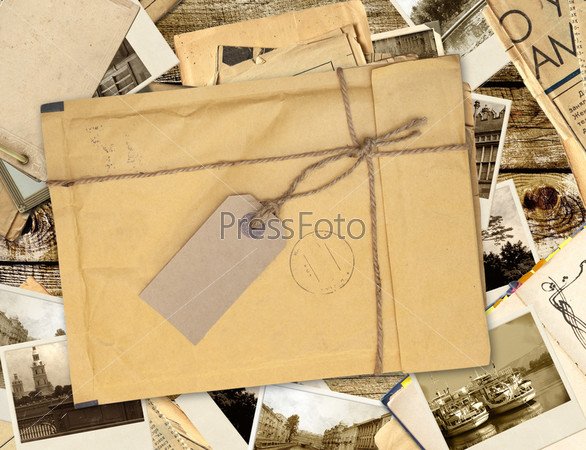 Old envelope with label and retro photos