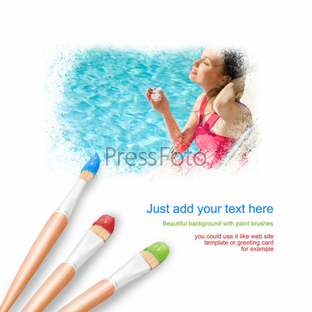 White background with three paintbrushes painting portrait of beautiful young woman tanning near swimming pool