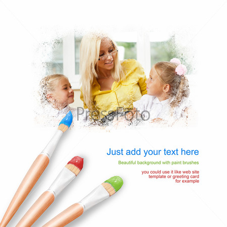 White background with three paintbrushes painting portrait of little students at school with their teacher