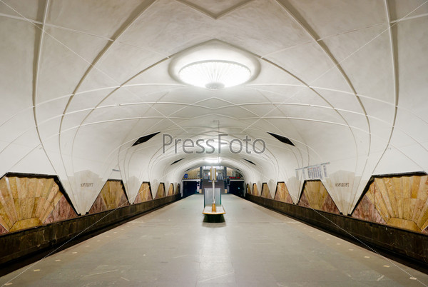 MOSCOW - MAY 17: Interior of the metro station Aeroport on May 17, 2012 in Moscow, Russia. Metro station Aeroport is a great monument of the Soviet era.