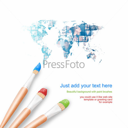 White background with three paintbrushes painting a bright worldmap. Global communication concept