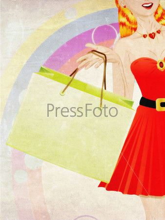 Fashion shopping red haired girl in red dress with shopping bags grunge background.