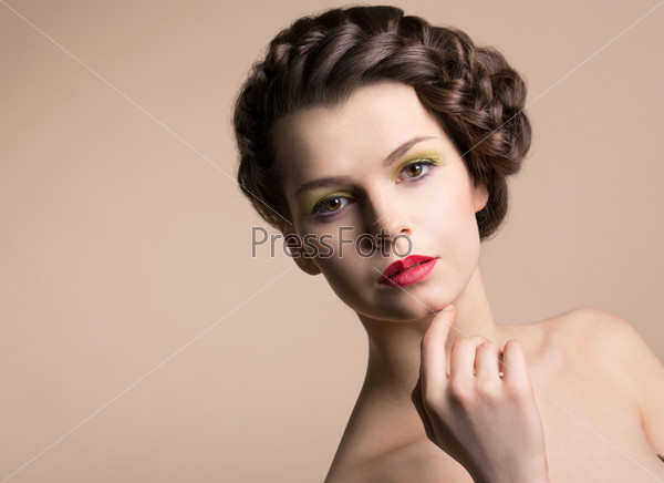 Retro Styling. Genuine Nostalgic Chic Woman with Plaited Brown Hair. Plait, stock photo