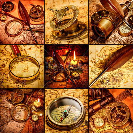 Vintage Compass, Magnifying Glass, Pocket Watch, Quill Pen, Spyglass Lie On An Old Ancient Map With A Lit Candle. Vintage Still Life.