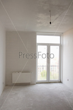 building repair - empty room with white wallpaper and big window