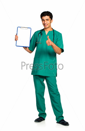 Portrait of doctor Arab nationality with health record on\
white background with reflecting