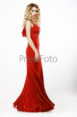 Luxury Full Length of Elegant Lady in Red Satiny Dress Frizzy\
Blond Hair