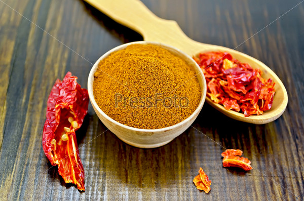 Red pepper powder in a wooden bowl, flakes and a pod of red pepper in a wooden spoon and a wooden board