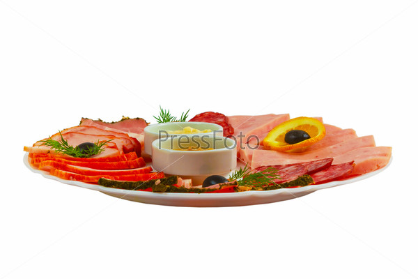 sausage food sliced ham mustard isolated plate on white background