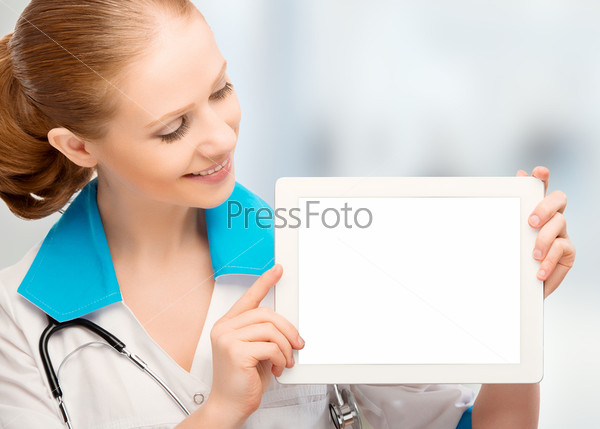 Doctor woman holding a blank empty white tablet computer