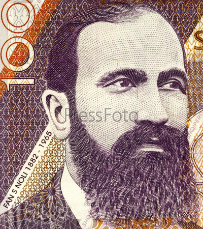 ALBANIA - CIRCA 1996: Fan S. Noli (1882-1965) on 100 Leke 1996 Banknote from Albania. Writer, scholar, diplomat, politician, historian, orator, and founder of the Albanian Orthodox Church.