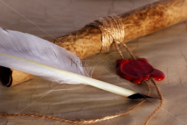 old paper, ancient parchment  scroll with wax seal and quill pen