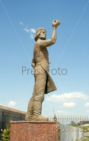 Tula, Russia - May 12 2013: Monument of Levsha (the Lefthander), Russian folk craftsman, hero of story by Nikolai Leskov.  The sculptor is Bronislav Krivokhin, 2009.