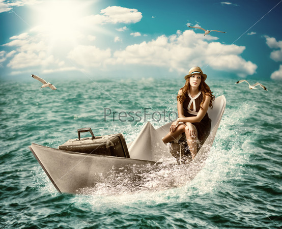 Travel. Woman with luggage on boat