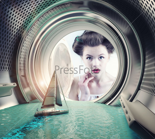 Girl Surprised Yacht In The Washing Machine (Creative Concept)