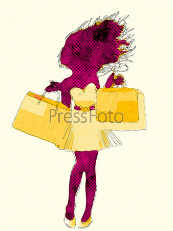 Silhouette of a shopping girl with bags in retro halftone style.