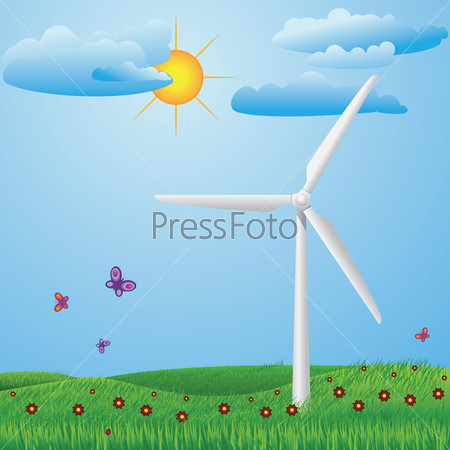 Green meadow with red flowers, butterflies and wind turbine generating electricity.