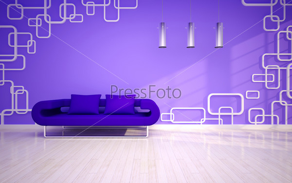 Modern living room with violet sofa, stock photo
