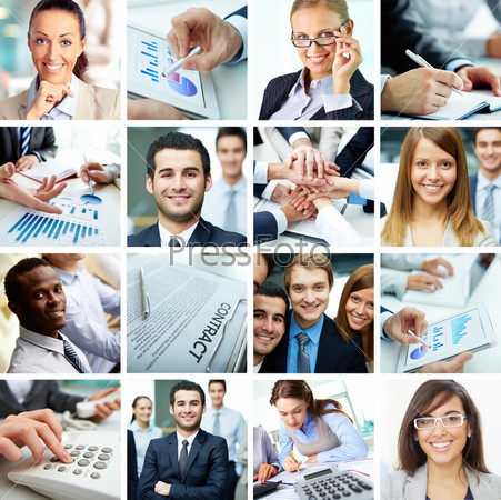 Collage Of Smart Businesspeople, Business Objects And Hands Of Co-Workers