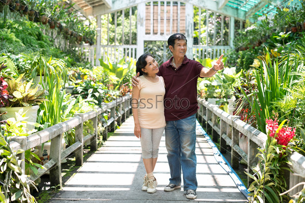 Full-length image of a mature couple walking in the greenhouse