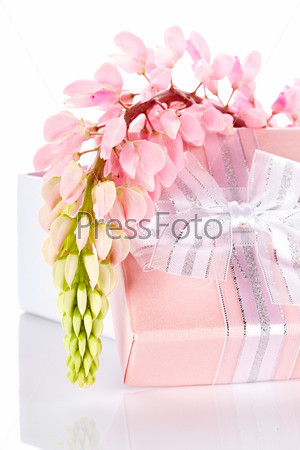 Lupine and gift box. Festive surprise. Box with a bow. Elegant gift. Gift box and lupine flowers.