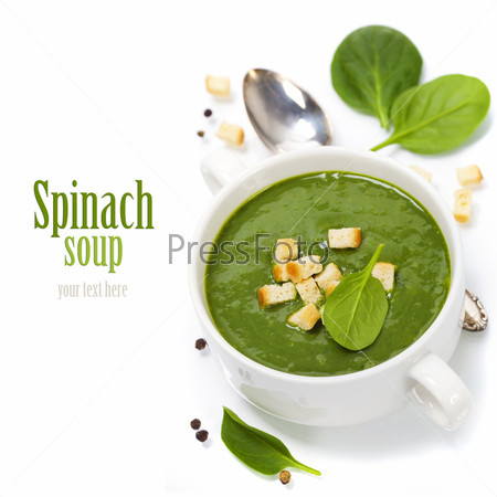 Traditional Spinach cream soup with croutons and fresh spinach leaf on top (with easy removable sample text)