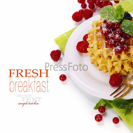 waffles with fresh berries over white (with easy removable sample text)