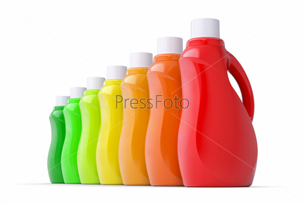 Series plastic bottles of household chemicals 3d render\
isolated on white background