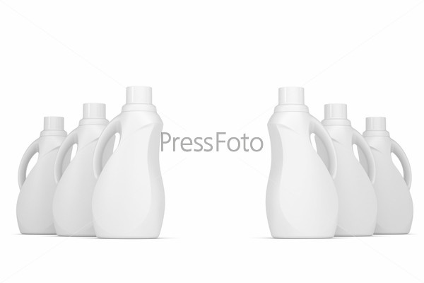 Series plastic bottles of household chemicals 3d render\
isolated on white background