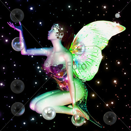 3d magical fairy girl with soap bubbles and stars.