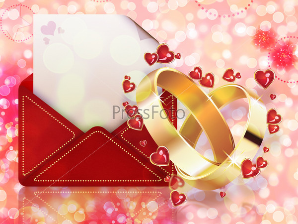 Beautiful card with two wedding rings and red envelope.