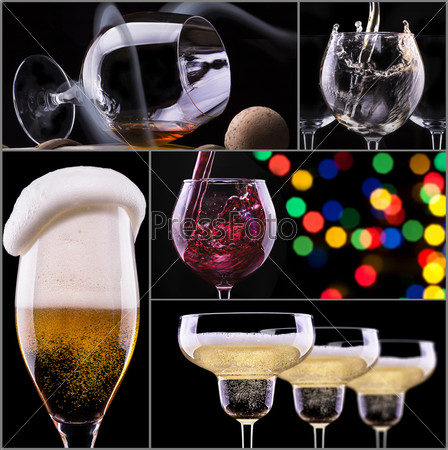 alcohol drinks collage isolated on a black background - beer,wine,champagne,scotch